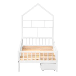 Merax Kinderbett 90x200cm Massivholz Einzelbett Mit Schubladen Und Lattenrost, Hausbett Mit Bücherregal Ablage Rausfallschutz, Weiß -Kinderbett Geschäft 864ffb1ce23315f0f3edb967e1037b1b