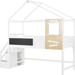 Merax Kinderbett 90x200cm Mit Rausfallschutz Und Lattenrost, Treppe Und 3 Schubladen, Fenster Und Tafel, Massivholz Etagenbett Hochbett, Weiß -Kinderbett Geschäft 86e5b7cfe09ed081535706b6d57a3d81