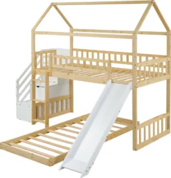 Merax Etagenbett 90x200cm Kinderbett Mit Rutsche, Treppe Mit Stauraum, Fallschutz Und Handlauf, Hausbett Aus Massivholz In Natur Und Weiß, 2 Einzelbetten Stockbett Für Kinderzimmer -Kinderbett Geschäft 881ab682b5621957de50112a0ef6c4e8