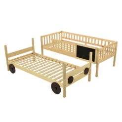 Merax Etagenbett 90x200cm Kinderbett Mit Rechtwinkliger Treppe Und Tafel, Zaun Und Rädern, Stockbett Rahmen Aus Kiefer, Teilbar Zu 2 Einzelbetten, Natur -Kinderbett Geschäft 88d98ac7ed9c8dfdbf681af08528ef41