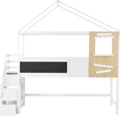 Merax Kinderbett 90x200cm Mit Rausfallschutz Und Lattenrost, Treppe Und 3 Schubladen, Fenster Und Tafel, Massivholz Etagenbett Hochbett, Weiß -Kinderbett Geschäft 8b590cd4d7ed4d73047bc89c50a59d61