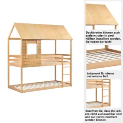 Merax Etagenbett 90x200cm Kinderbett Hochbetten Mit Dach, Leiter, Fenster Und Lattenrost, Doppelstockbett 2 Einzelbetten Für Kinderzimmer, Kiefernholz Rahmen, Eichenfarbe -Kinderbett Geschäft 8db15da8a42e4be179d2190677fa757d