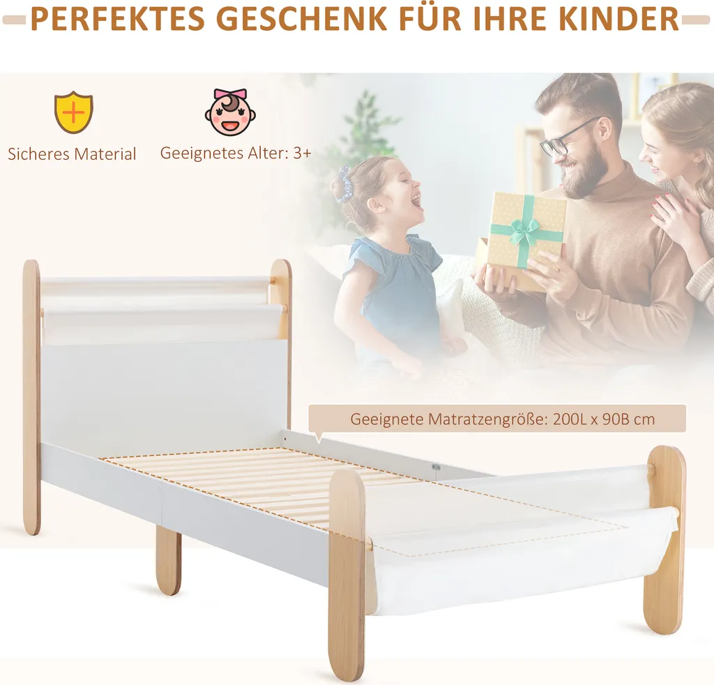 HOMCOM Kinderbett Jugendbett Hausbett Mit Betttasche Spielzeugtasche Ab 3 Jahre Holzbett Kinderzimmer Spielbett Einzelbett Kiefernholz Weiß+Natur 229 X 98 X 95 Cm 7 HOMCOM Kinderbett Jugendbett Hausbett Mit Betttasche Spielzeugtasche Ab 3 Jahre Holzbett Kinderzimmer Spielbett Einzelbett Kiefernholz Weiß+Natur 229 X 98 X 95 Cm – Bild 5