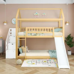 Merax Etagenbett 90x200cm Kinderbett Mit Rutsche, Treppe Mit Stauraum, Fallschutz Und Handlauf, Hausbett Aus Massivholz In Natur Und Weiß, 2 Einzelbetten Stockbett Für Kinderzimmer -Kinderbett Geschäft 8f34d299803bdf0c66b0332535b2c455