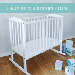 Babybett Beistellbett 90x40 Cm Mit Matratze, Umbaubar Zu 90x55 Cm, 9 Mal Verstellbare Liegehöhe, Auch Als Babywippe Nutzbar, Kiefer-Vollholz In Weiß -Kinderbett Geschäft 903c0c8a8950e3ccb5ab1d6837194593