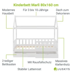 Juskys Kinderbett Marli 80 X 160 Cm Mit Bettkasten 2-teilig, Rausfallschutz, Lattenrost & Dach - Massivholz Hausbett Für Kinder - Bett In Weiß -Kinderbett Geschäft 92e8bea6de85aa2b2d774e7b9e39ed28