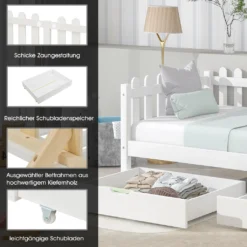 Merax Kinderbett 90x200 Cm Tagesbett Einzelbett Mit Zäune Und 2 Schubladen Auf Rollen, Kiefernholz Lattenrost Hausbett, Weiß -Kinderbett Geschäft 9576b3ece78c5359b89c62677f6759f6