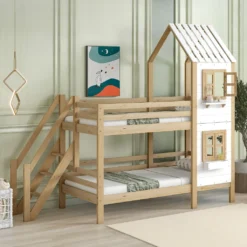 Merax Etagenbett 90x200cm Kinderbett Mit Leiter, Fallschutz Und Lattenrost, Hochbett Stockbett Kiefer Holzbett Hausbett Mit Dach Und Fenster, Weiß/Natur