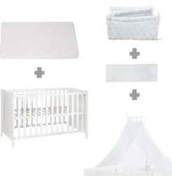 Roba Mulitfunktionsbett Sterne Grau Mit Beistellfunktion, Lattenrost, Matratze, Bettreduzierer, Himmel, Himmelstange, Kinderbett, Anstellbett, Babybett, Höhenverstellbar, Liegefläche 60x120 Cm, Weiß -Kinderbett Geschäft 9852938866666718c79569b2bcf719fd