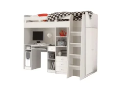 Hochbett Enri 90*200 Cm Weiß Mit Frehtürenschrank Und Schreibtisch Regal Kinderzimmer Spielbett Kinderbett