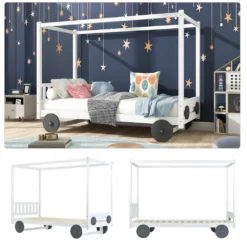 Merax Kinderbett 90x200cm Autobett Mit Lattenrost Und Rädern, Abnehmbarer Rahmen, Rahmen Aus Kiefer, Einzelbett Jungenbett Babybett Für Mädchen Und Jungen, Weiß -Kinderbett Geschäft 9b437cb8a55026d1d96958788553e2ec