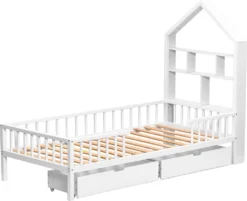 Merax Kinderbett 90x200cm Massivholz Einzelbett Mit Schubladen Und Lattenrost, Hausbett Mit Bücherregal Ablage Rausfallschutz, Weiß -Kinderbett Geschäft 9b8d7a449716927c00055596ffcff407