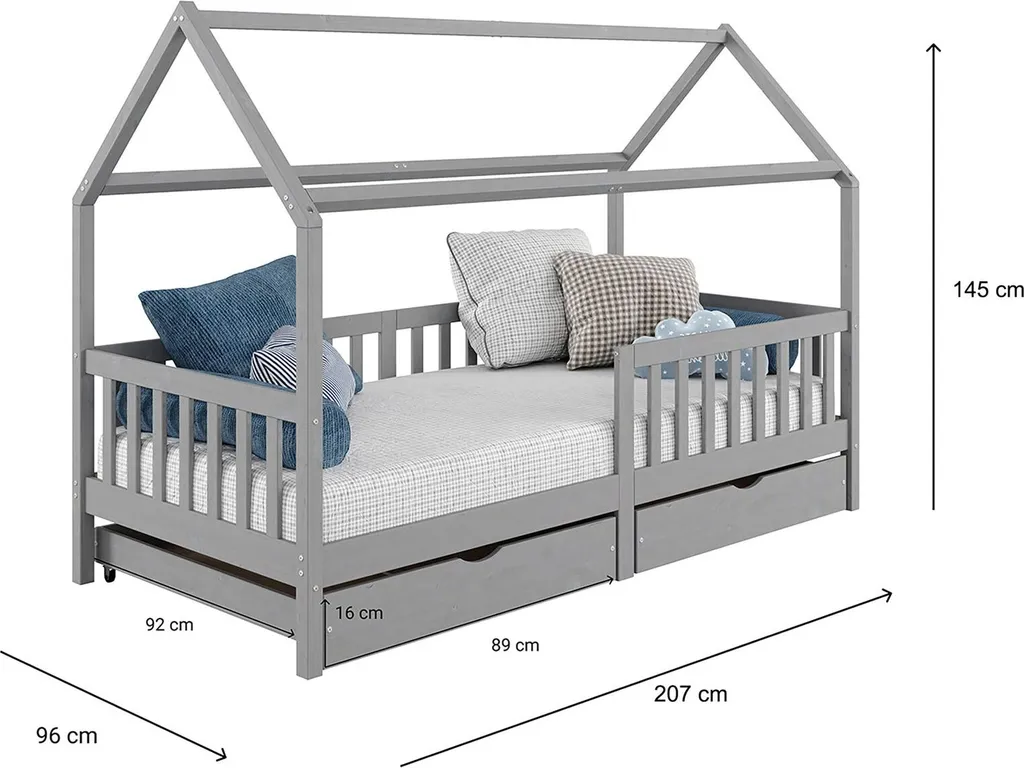 Hausbett NUNA Aus Massiver Kiefer, Montessori Bett In 90 X 200 Cm Mit Rausfallschutz, Spielbett Mit Schubladen, Modernes Kinderbett Mit Dach In Grau 10 Hausbett NUNA Aus Massiver Kiefer, Montessori Bett In 90 X 200 Cm Mit Rausfallschutz, Spielbett Mit Schubladen, Modernes Kinderbett Mit Dach In Grau – Bild 8