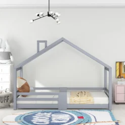 Merax Kinderbett 90 X 200 Cm Hausbett Mit Rausfallschutz Und Schornstein, Robuste Lattenroste, Kinderbetten Aus Kiefernholz, Grau -Kinderbett Geschäft 9e1367a86c7adc34967c1f054a445a1e