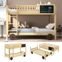 Merax Etagenbett 90x200cm Kinderbett Mit Rechtwinkliger Treppe Und Tafel, Zaun Und Rädern, Stockbett Rahmen Aus Kiefer, Teilbar Zu 2 Einzelbetten, Natur