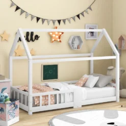 Merax Kinderbett 90 X 200 Cm Hausbett Mit Tafel Und Rausfallschutz, Lattenrost Und Zaun, Einzelbett Für Mädchen Und Jungen Kinderbetten Aus Massivem Kiefernholz, Weiß -Kinderbett Geschäft 9eb4f85fa4756c8cc573bbddac2cffb7