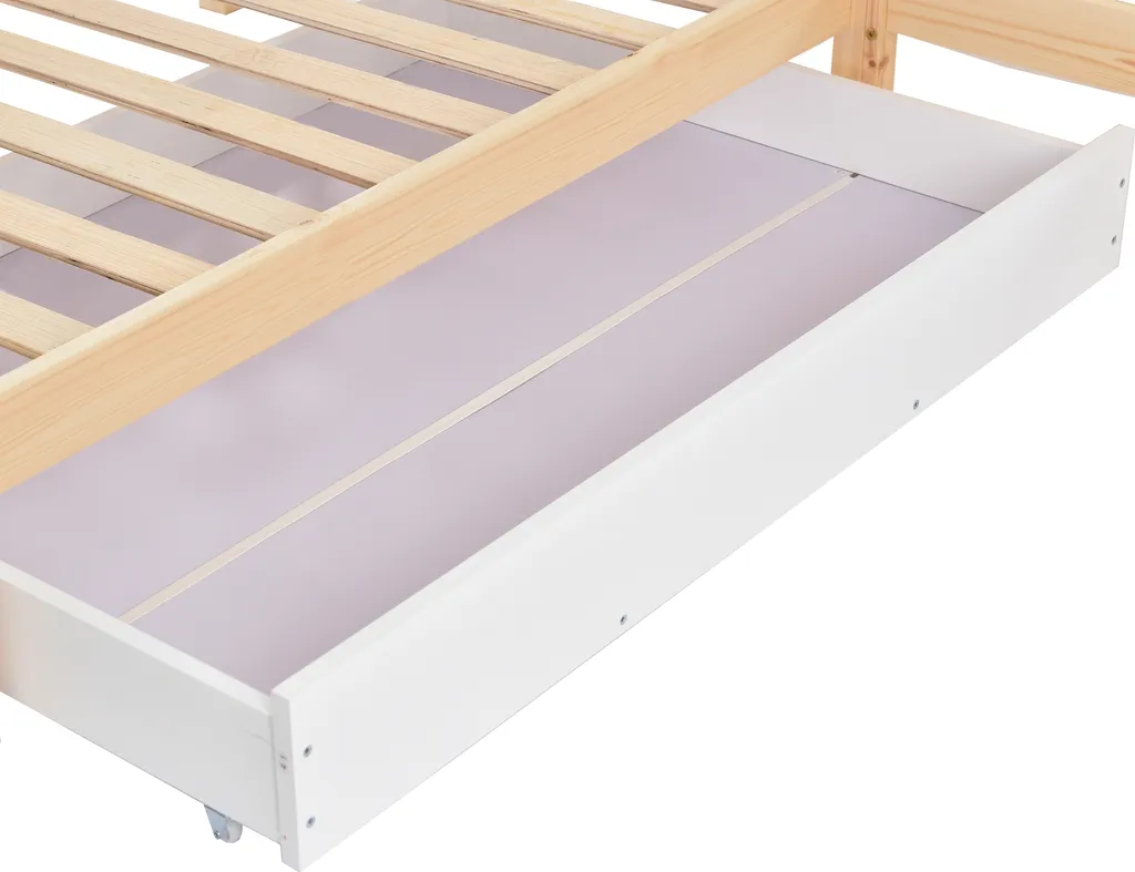 Merax Kinderbett 90x200cm/140x70cm Hausbett Mit Schubladen Und Regalen, Zaun Und Lattenrost, Spielbett Kinderhaus Aus Kiefernholz Für Zwei Kinder, Natur 14 Merax Kinderbett 90x200cm/140x70cm Hausbett Mit Schubladen Und Regalen, Zaun Und Lattenrost, Spielbett Kinderhaus Aus Kiefernholz Für Zwei Kinder, Natur – Bild 12