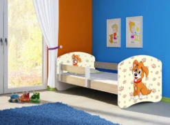 ACMA Jugendbett Kinderbett Junior-Bett Komplett-Set Mit Matratze Lattenrost Und Rausfallschutz Sonoma 11 Welpe 140x70