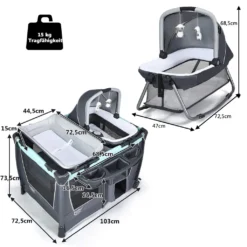 COSTWAY 4 In 1 Klappbares Reisebett & Wickeltisch & Laufstall & Babywiege Mit Schaukelfunktion, Inkl. Babykorb, Wickelauflage, Matratze, Spieluhr, Spielzeug, Aufbewahrungsregal Und Tragetasche Grau -Kinderbett Geschäft a1fd9cc809067d2f43e7225f7053f1f6