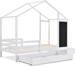 Merax Kinderbett Adele 90x200cm Hausbett Mit Tafel Und 2 Schubladen, Zaun Und Lattenrost, Spielbett Bett Kinderhaus Aus Massivholz, Weiß -Kinderbett Geschäft a23884d046b7c0964e24e2c60b202843