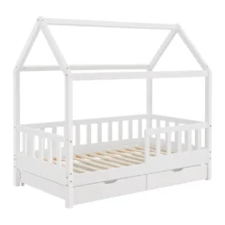 Juskys Kinderbett Marli 80 X 160 Cm Mit Bettkasten 2-teilig, Rausfallschutz, Lattenrost & Dach - Massivholz Hausbett Für Kinder - Bett In Weiß -Kinderbett Geschäft a34b281e313de59843e0cde3065f35b8