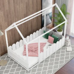 Merax Kinderbett 80x160cm Hausbett Mit Dach Und Zaun, Spielbett Einzelbett Aus Massivem Kiefernholz, Weiß -Kinderbett Geschäft a3ead2be211d99b762274dfa2921ffd7