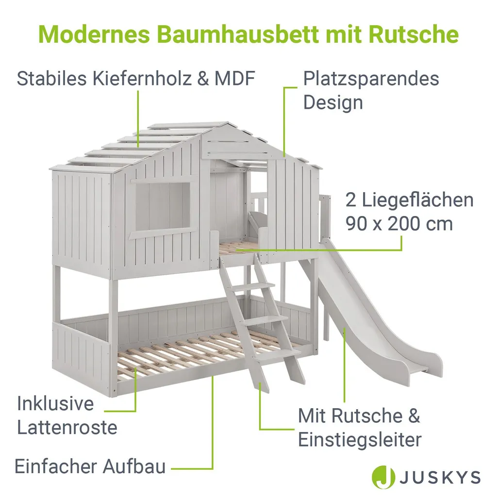 Juskys Kinderbett Baumhaus 90 X 200 Cm Mit Dach, Rutsche & Leiter – Etagenbett Weiß Für Kinder – 2x Lattenrost Bis 150 Kg – Hausbett Aus Massivholz 5 Juskys Kinderbett Baumhaus 90 X 200 Cm Mit Dach, Rutsche & Leiter – Etagenbett Weiß Für Kinder – 2x Lattenrost Bis 150 Kg – Hausbett Aus Massivholz – Bild 3