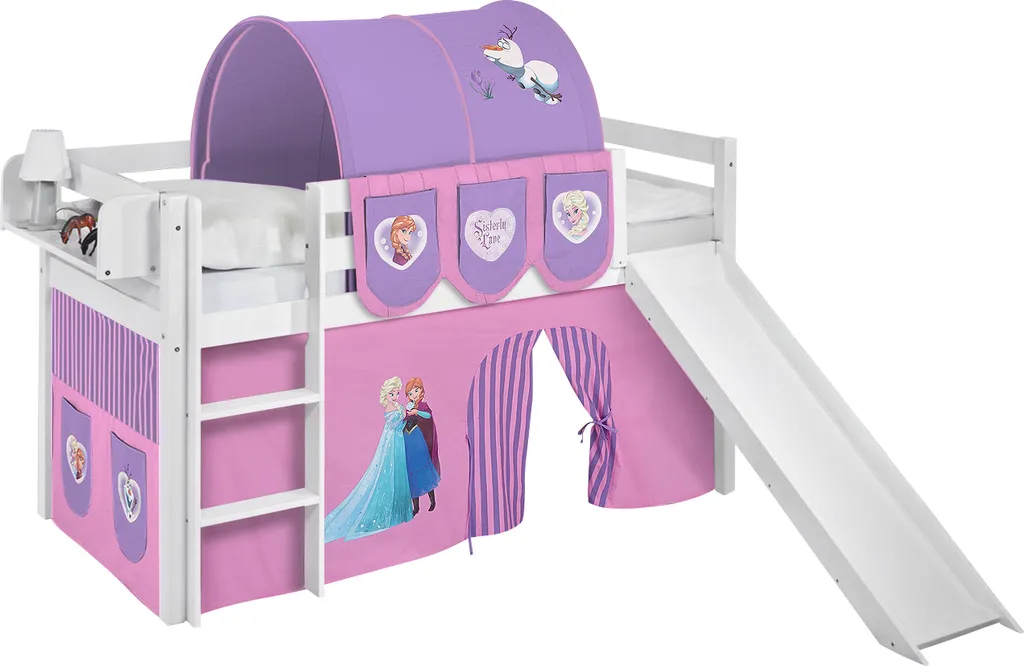 Hochbett JELLE 190x90cm In Weiss Mit RUTSCHE Und Lila FROZEN / Eiskönigin / Anna & Elsa Vorhang. Kinderbett & Spielbett Von LILOKIDS 4 Hochbett JELLE 190x90cm In Weiss Mit RUTSCHE Und Lila FROZEN / Eiskönigin / Anna & Elsa Vorhang. Kinderbett & Spielbett Von LILOKIDS – Bild 2