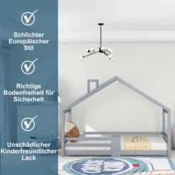 Merax Kinderbett 90 X 200 Cm Hausbett Mit Rausfallschutz Und Schornstein, Robuste Lattenroste, Kinderbetten Aus Kiefernholz, Grau -Kinderbett Geschäft a751a6b7a01df4a20e53388428693c29