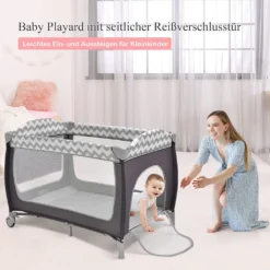 COSTWAY 3-in-1-Babybett, Tragbares Reisebett Mit Spielzeugstange, Klappbarer Laufstall Mit Stubenwagen, Wickeltisch Mit Tragetasche, Feststellbare Räder, Matratze, Tür Mit Reißverschluss (Grau) -Kinderbett Geschäft af107a1339de48095727d865eae9aa8f