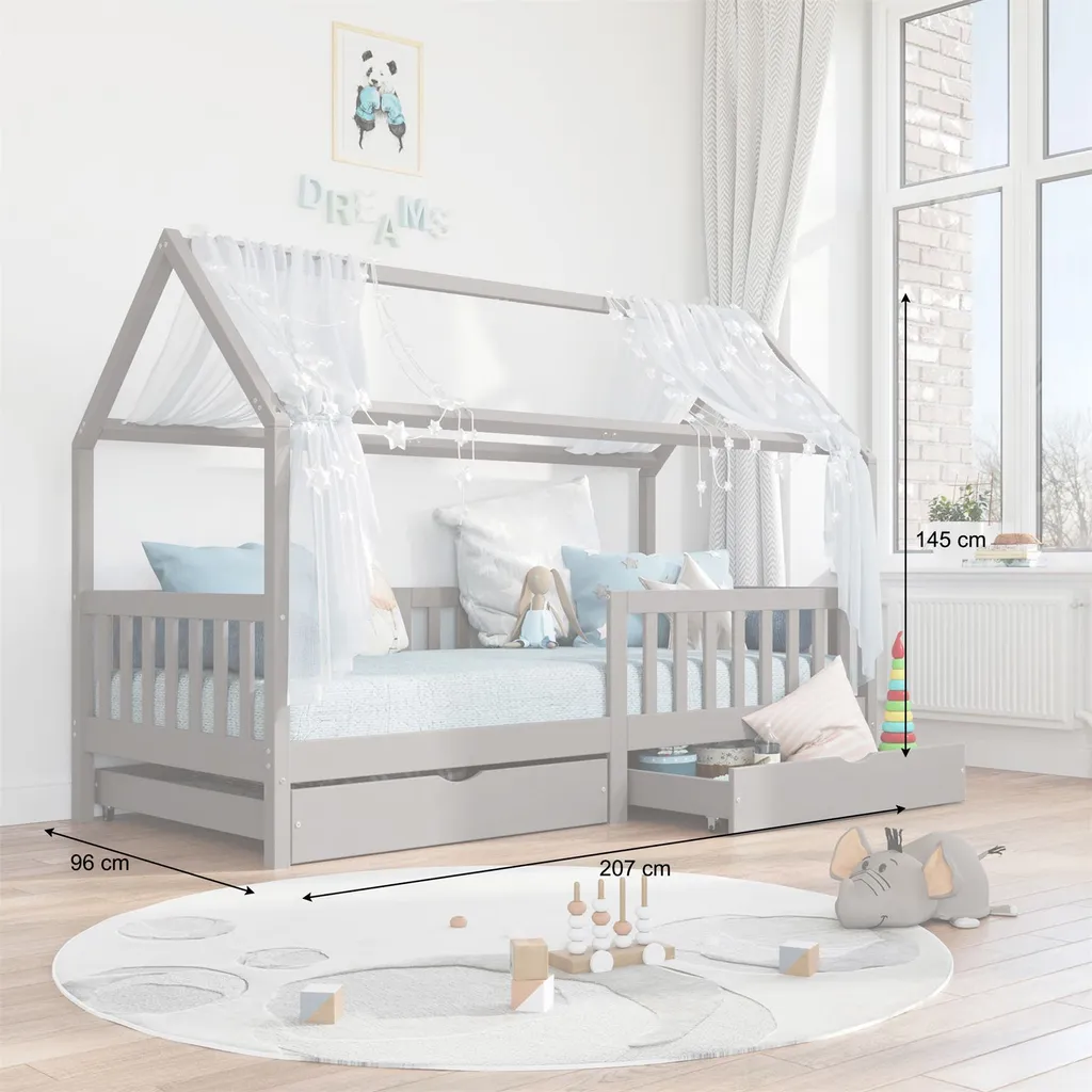 Hausbett NUNA Aus Massiver Kiefer, Montessori Bett In 90 X 200 Cm Mit Rausfallschutz, Spielbett Mit Schubladen, Modernes Kinderbett Mit Dach In Grau 5 Hausbett NUNA Aus Massiver Kiefer, Montessori Bett In 90 X 200 Cm Mit Rausfallschutz, Spielbett Mit Schubladen, Modernes Kinderbett Mit Dach In Grau – Bild 3