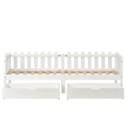 Merax Kinderbett 90x200 Cm Tagesbett Einzelbett Mit Zäune Und 2 Schubladen Auf Rollen, Kiefernholz Lattenrost Hausbett, Weiß -Kinderbett Geschäft b1dfec89a23eb943525a93a908a7b3b6