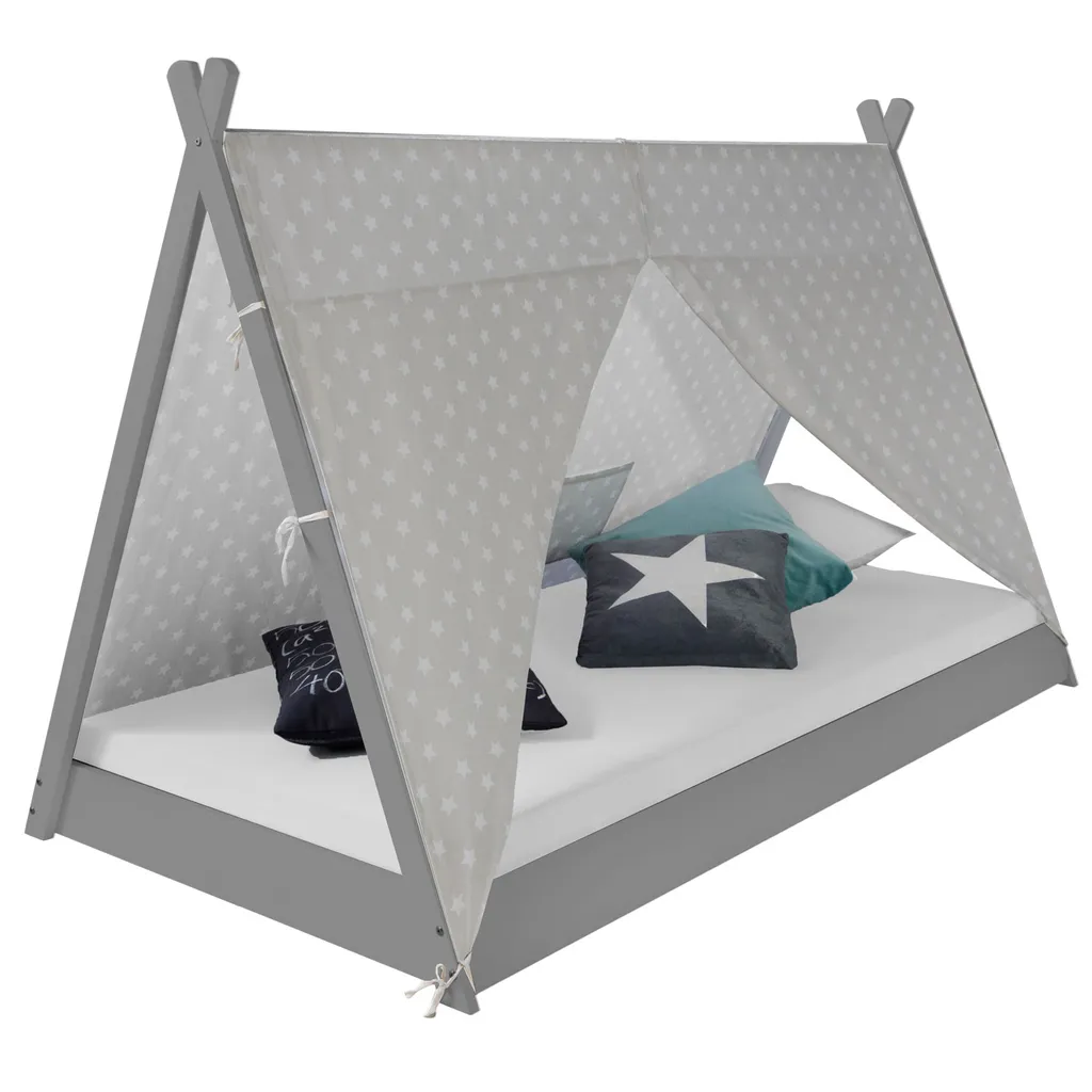 Homestyle4u 1967, Kinderbett 90x200 Cm, Tipi Zelt Grau Mit Sterne, Holz Kiefer 3 Homestyle4u 1967, Kinderbett 90x200 Cm, Tipi Zelt Grau Mit Sterne, Holz Kiefer