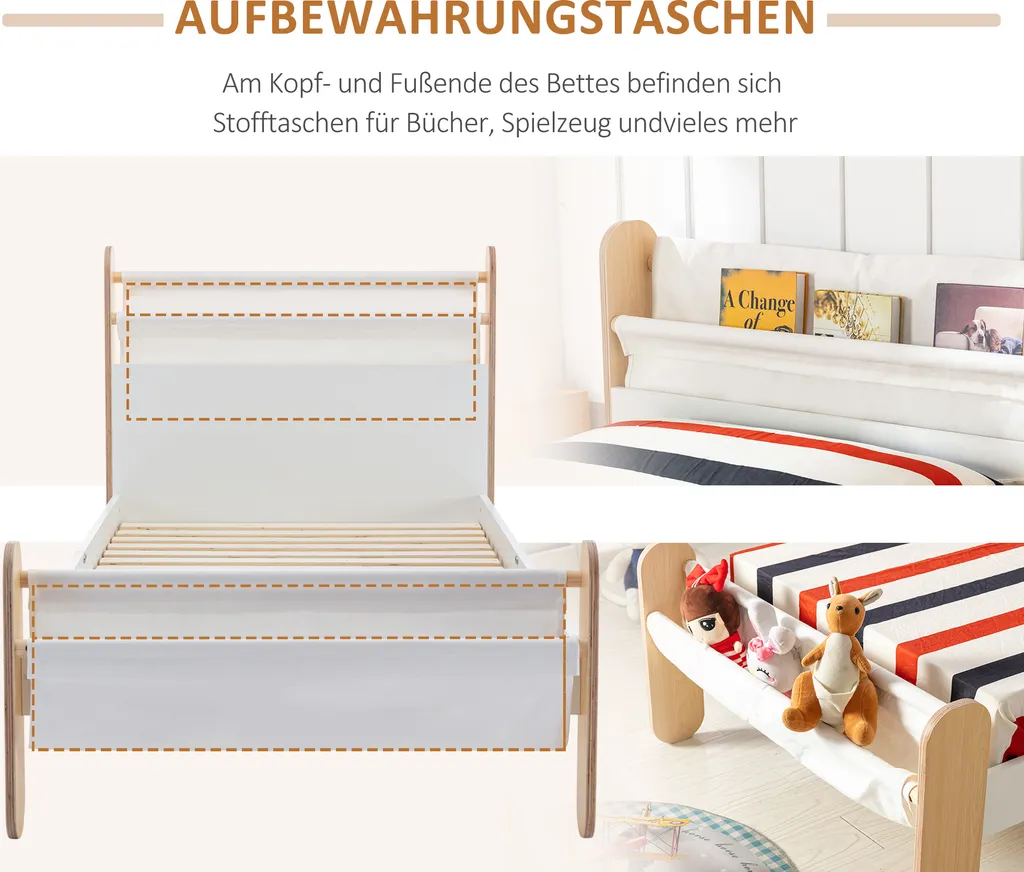 HOMCOM Kinderbett Jugendbett Hausbett Mit Betttasche Spielzeugtasche Ab 3 Jahre Holzbett Kinderzimmer Spielbett Einzelbett Kiefernholz Weiß+Natur 229 X 98 X 95 Cm 8 HOMCOM Kinderbett Jugendbett Hausbett Mit Betttasche Spielzeugtasche Ab 3 Jahre Holzbett Kinderzimmer Spielbett Einzelbett Kiefernholz Weiß+Natur 229 X 98 X 95 Cm – Bild 6