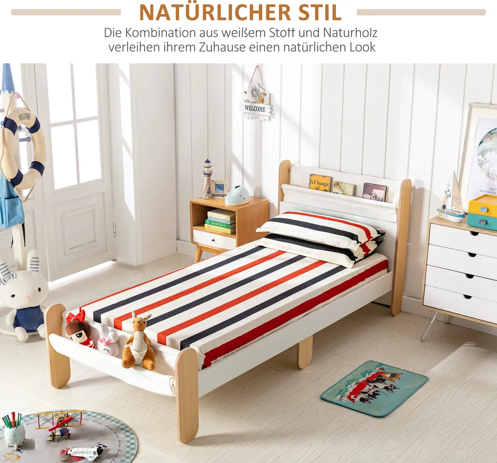 HOMCOM Kinderbett Jugendbett Hausbett Mit Betttasche Spielzeugtasche Ab 3 Jahre Holzbett Kinderzimmer Spielbett Einzelbett Kiefernholz Weiß+Natur 229 X 98 X 95 Cm 6 HOMCOM Kinderbett Jugendbett Hausbett Mit Betttasche Spielzeugtasche Ab 3 Jahre Holzbett Kinderzimmer Spielbett Einzelbett Kiefernholz Weiß+Natur 229 X 98 X 95 Cm – Bild 4