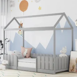 Merax Kinderbett 90x200cm Hausbett Spielbett Kinderhaus Mit Rausfallschutz Und Lattenrost, Schönes Babybett Aus Kiefernholz, Grau -Kinderbett Geschäft b5ba656b470dc676619dbf38fd777c9e
