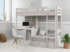 Hochbett Mit Schreibtisch, Schlafsofa & Stauraum - 90 X 200 Cm - Kiefer Massiv - Geweißt - GOLIATH II