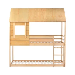 Merax Etagenbett 90x200cm Kinderbett Hochbetten Mit Dach, Leiter, Fenster Und Lattenrost, Doppelstockbett 2 Einzelbetten Für Kinderzimmer, Kiefernholz Rahmen, Eichenfarbe -Kinderbett Geschäft b8dc77b4356175dc10deda82d56394ce