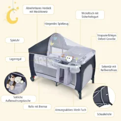 COSTWAY 4 In 1 Klappbares Reisebett & Babywiege & Wickeltisch & Laufstall Mit Schaukelfunktion, Inkl. Spieluhr, Spielbogen, Wickelauflage, Matratze, Windel Organizer Und Tragetasche (Grau) -Kinderbett Geschäft bba631363af2efb6425117135b7e9e85