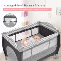 COSTWAY 3-in-1-Babybett, Tragbares Reisebett Mit Spielzeugstange, Klappbarer Laufstall Mit Stubenwagen, Wickeltisch Mit Tragetasche, Feststellbare Räder, Matratze, Tür Mit Reißverschluss (Grau) -Kinderbett Geschäft bba92e84b267abd89b77ed771572fb50