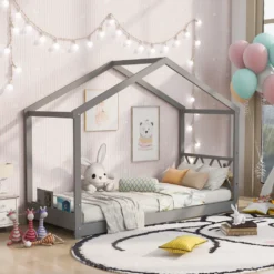 Merax Kinderbett Hausbett 90 X 200cm Etagenbett Mit Aufbewahrungsfunktion, Bettgestell Hausbett Massivholz Kiefer Einzelbett Mit Lattenrost (grau) -Kinderbett Geschäft bebd620a4a55c5a74e9af606a1f78500