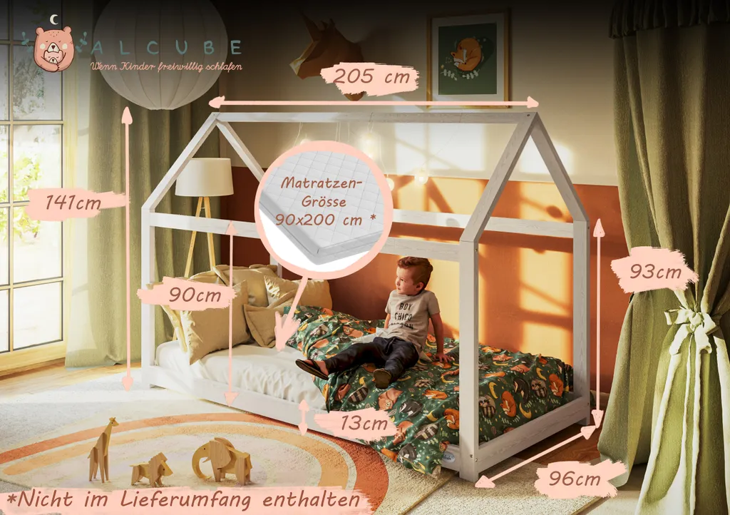 ALCUBE Hausbett 90x200 Im Montessori Stil Für Mädchen Und Jungen - Kinderbett Bodentief Aus MassivenHolz In Weiß 4 ALCUBE Hausbett 90x200 Im Montessori Stil Für Mädchen Und Jungen - Kinderbett Bodentief Aus MassivenHolz In Weiß – Bild 2
