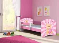 ACMA Jugendbett Kinderbett Junior-Bett Komplett-Set Mit Matratze Lattenrost Und Rausfallschutz Rosa 10 Teddybär 140x70