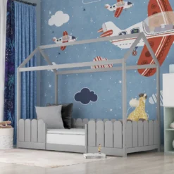 Merax Kinderbett 90x200cm Hausbett Spielbett Kinderhaus Mit Rausfallschutz Und Lattenrost, Schönes Babybett Aus Kiefernholz, Grau -Kinderbett Geschäft c55ef436825721f3036faa0a01fb7bd8