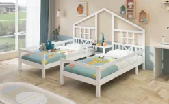 Merax Kinderbett 90x200cm/90x200cm Hausbett Mit Lattenrost, Rausfallschutz Und Tisch, 2 Einzelbetten Jugendbetten Doppelbett Für 2 Kinder, Weiß -Kinderbett Geschäft c65aeaec7473a8c63204879406e824b2