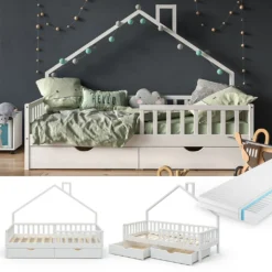 VitaliSpa Kinderbett + Schubladen+ Matratze Noemi Weiß 93 X 208 X 155 Cm Massivholz