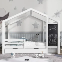 Merax Kinderbett Adele 90x200cm Hausbett Mit Tafel Und 2 Schubladen, Zaun Und Lattenrost, Spielbett Bett Kinderhaus Aus Massivholz, Weiß -Kinderbett Geschäft ca8a57f5d06a37a1939f3366d58b3aee