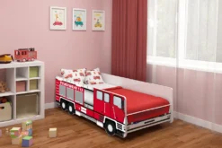 ACMA Jugendbett Kinderbett Auto-Bett Junior Feuerwehr Bett Komplett-Set Mit Matratze Lattenrost Und Rausfallschutz 140x70
