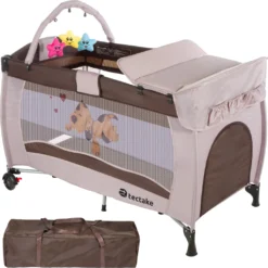 Tectake Kinderreisebett Hund 132x75x104cm Mit Wickelauflage Und Transporttasche - Braun