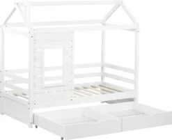 Merax Kinderbett Hausbett Mit Rausfallschutz Und Schubladen, Massivholz Spielbett 160x80 Cm Babybett Mit Lattenrost Und Fenster, Weiß -Kinderbett Geschäft d25b8dffb57861a5d881c8f929f740e0